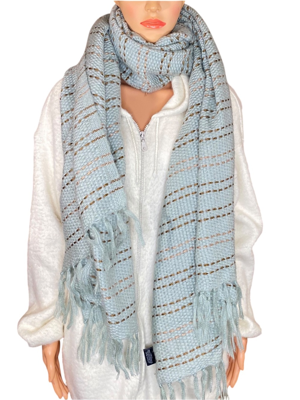 The Limited Blue Knit Fringe Wrap Scarf Extra Long Cozy Warm Winter Accessory